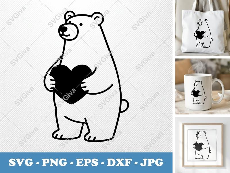 Polar Bear Holding Heart SVG, PNG, EPS, DXF | Cute Animal Cut File for Cricut, Silhouette | Modern Love Design