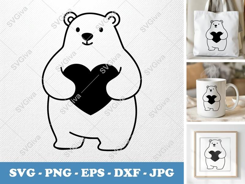 Polar Bear Holding Heart SVG | Puffy Pillow-Soft Shapes | PNG DXF EPS | Cricut Silhouette Cut File