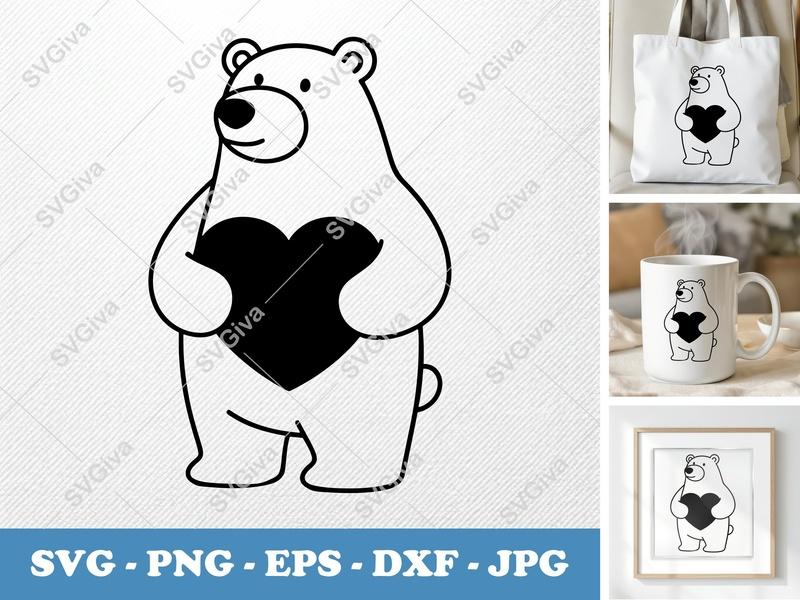 Polar Bear Holding Heart SVG | Rounded Friendly Cut File | PNG DXF EPS | Cricut Silhouette Design