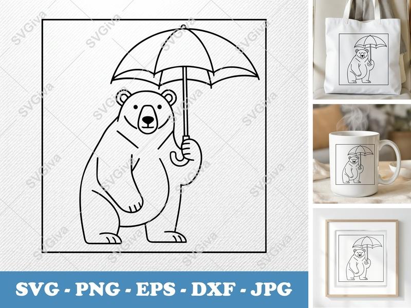 Polar bear holding umbrella SVG | Double Outline Minimalist Cut File | Thick Contour Thin Lines | PNG DXF EPS | Cricut Silhouette Design