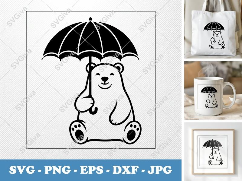 Polar bear holding umbrella SVG | Puffy Cartoon Style Cut File | Inflated Pillow Soft Bear SVG PNG DXF EPS for Cricut Silhouette