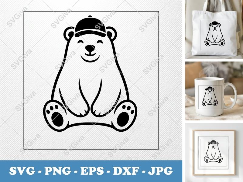 Polar bear in a cap SVG | Puffy Soft Shapes Cut File | Inflated Pillow Art | PNG DXF EPS | Cricut Silhouette Design