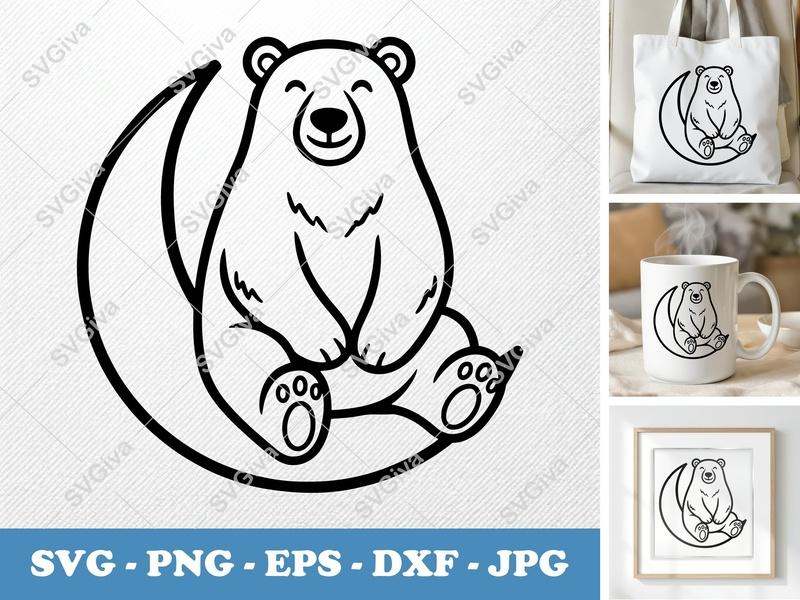 Polar Bear on Moon SVG | Minimalist Character Cut File | Bold Outline PNG DXF EPS | Cricut Silhouette Design
