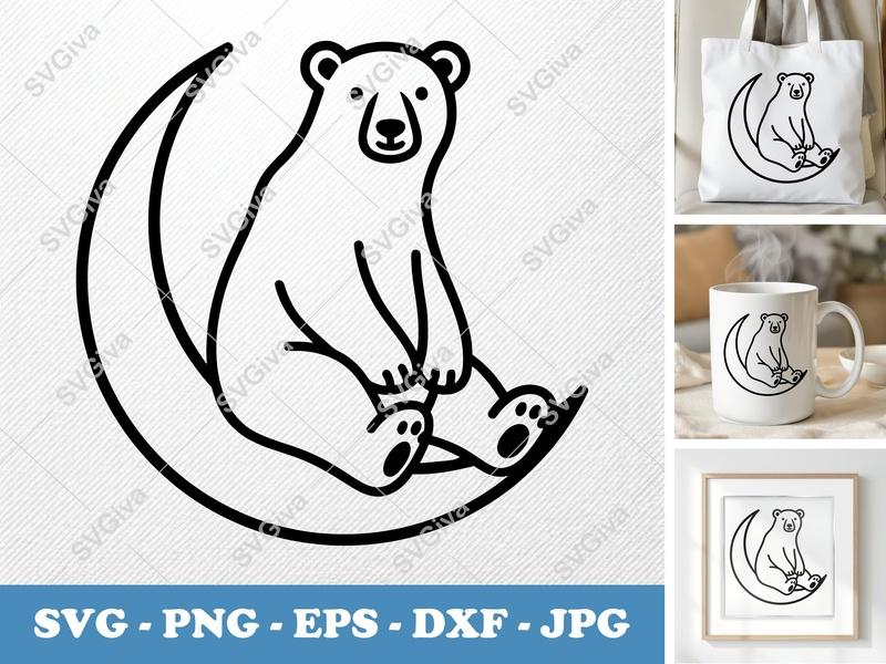 Polar Bear on Moon SVG | Modern Minimalist Line Art | PNG EPS DXF | Cricut Silhouette Cut File