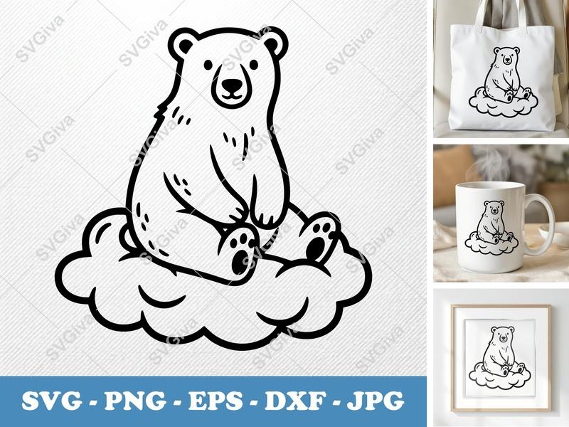 Polar bear sitting on a cloud SVG | Bold Outline Minimalist Design | PNG DXF EPS | Cricut Silhouette File