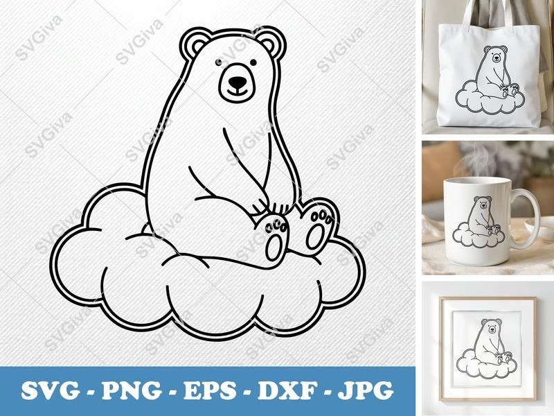 Polar Bear Sitting on a Cloud SVG | Outline Minimalist Design | PNG DXF EPS | Cricut Silhouette Cut File