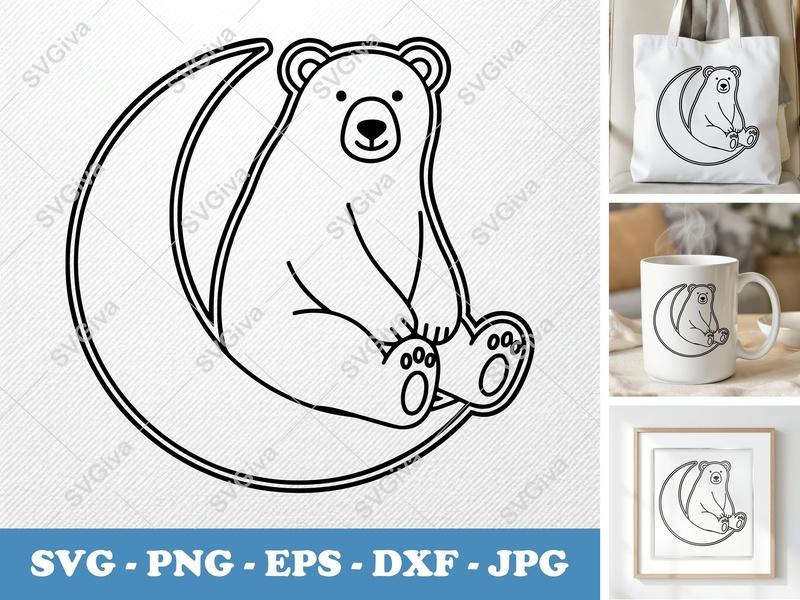 Polar bear sitting on a moon SVG | Double-Outline Minimalist Art | PNG DXF EPS | Cricut Silhouette Cut File