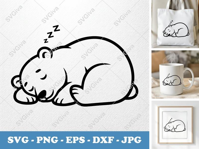 Polar Bear Sleeping SVG, Cute Napping Bear PNG EPS DXF, Arctic Animal Cut File for Cricut & Silhouette, Winter Clipart