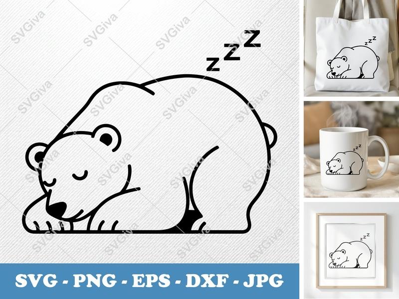 Polar bear sleeping SVG | Double-Outline Minimalist Art | PNG DXF EPS | Cricut Silhouette Cut File