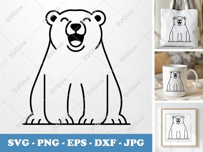 Polar bear smiling happily SVG | Minimalist Double-Outline Cut File | PNG, DXF, EPS for Cricut & Silhouette