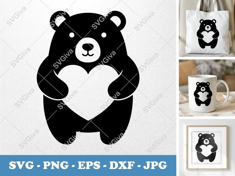 Polar Bear SVG, Cute Animal with Heart, Modern Clean Design, PNG EPS DXF for Cricut & Silhouette, Valentine Love Cut File