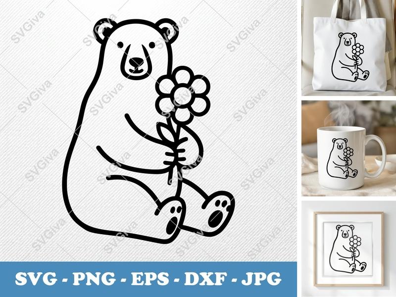 Polar Bear SVG, Cute Bear with Flower | Modern Clean Line Art PNG EPS DXF | Cricut Silhouette File