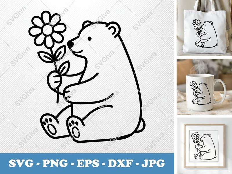 Polar Bear SVG, Cute Holding Flower, Minimalist Line Art, PNG EPS DXF for Cricut & Silhouette, Winter Animal Clipart