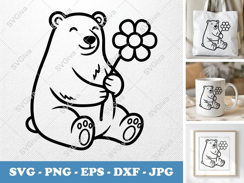 Polar Bear SVG, Cute Smiling Bear with Flower, Modern Line Art, PNG EPS DXF for Cricut & Silhouette, Animal Clipart