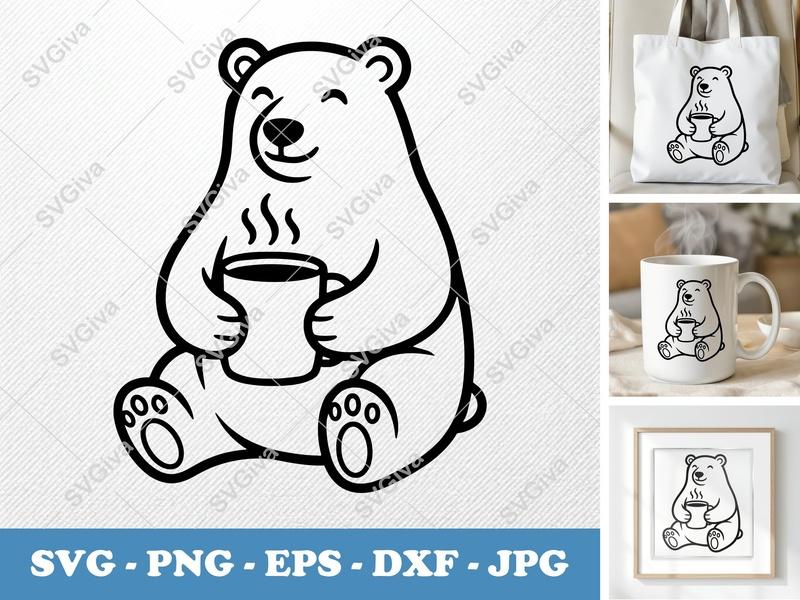 Polar Bear SVG, Happy Bear with Coffee Mug, Modern Line Art, PNG EPS DXF for Cricut & Silhouette, Digital Download Cut File