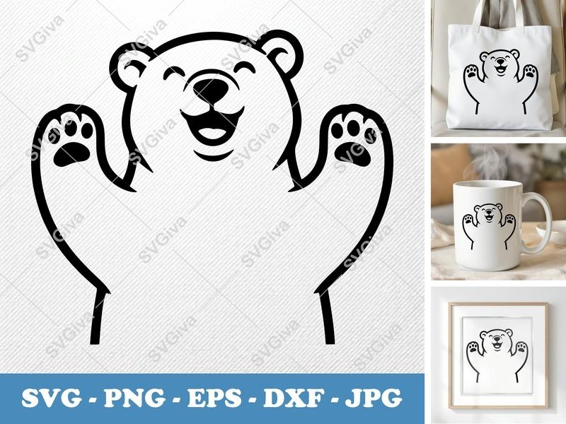 Polar Bear SVG, Happy Waving Clipart, Cute Animal Outline, PNG EPS DXF for Cricut, Silhouette, Winter Craft, Nursery Decor