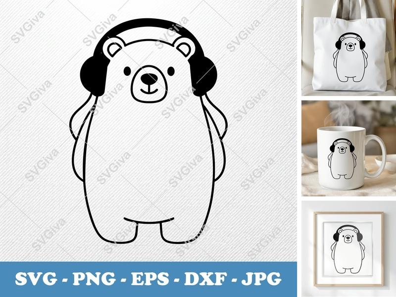 Polar Bear SVG, Headphone Bear Clipart, Cute Animal Cut File, Modern Design | PNG EPS DXF for Cricut, Silhouette