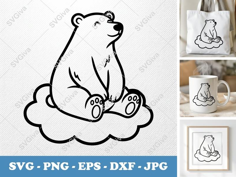 Polar Bear SVG, Modern Clean Happy Bear on Cloud, PNG EPS DXF, Cricut Silhouette Cut File, Digital Download, Outline Clipart