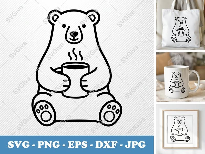 Polar Bear SVG, Modern Coffee Mug Bear Cut File, Hot Chocolate, Winter Clipart | PNG EPS DXF for Cricut, Silhouette