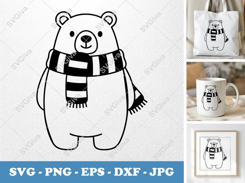 Polar Bear SVG, Modern Cute Winter Animal with Scarf | PNG EPS DXF | Cricut Silhouette Cut File, Christmas Clipart