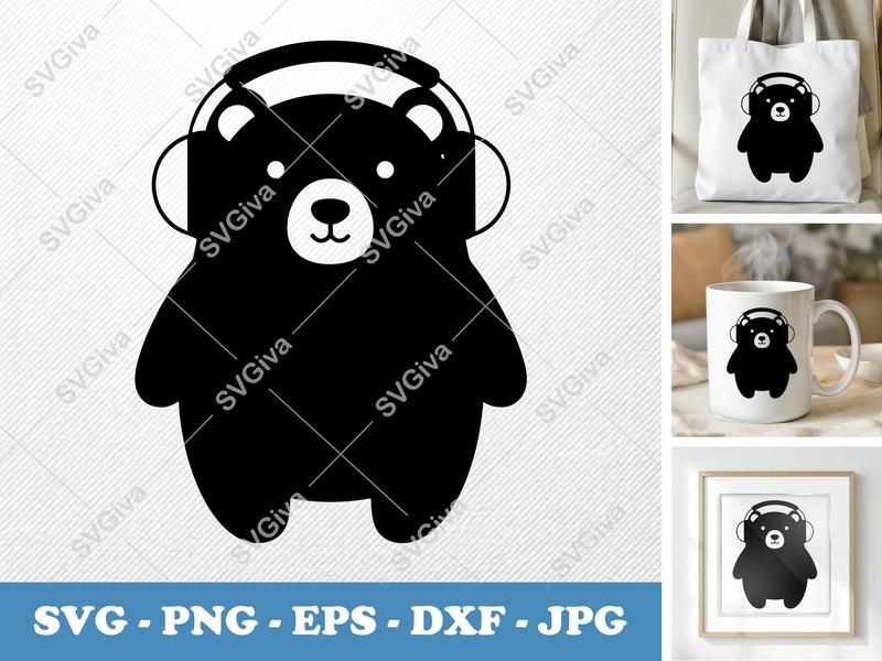 Polar Bear SVG, Modern Headphone Bear Cut File, PNG EPS DXF, Cricut Silhouette, Cute Animal Design