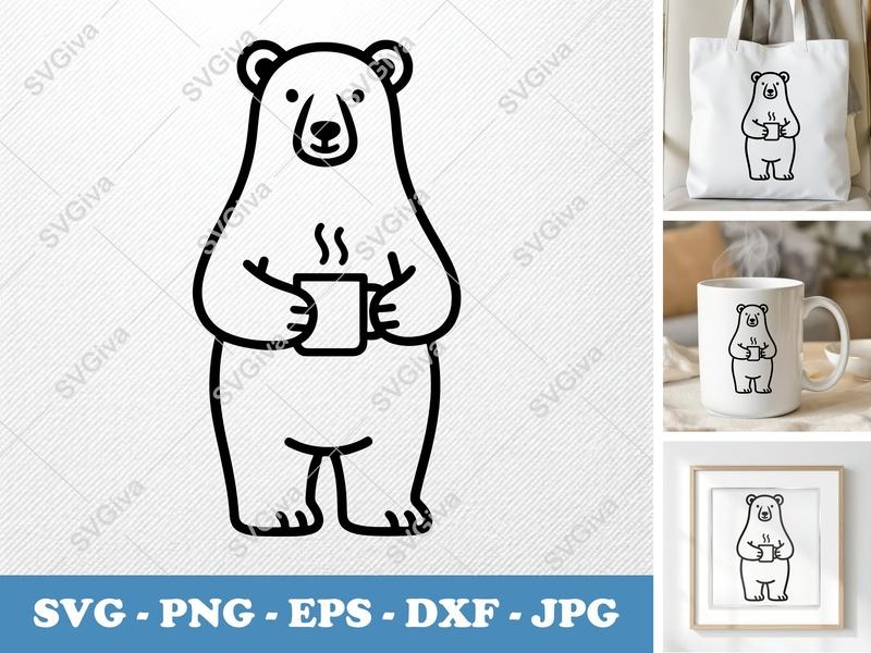 Polar Bear SVG, Modern Outline Clip Art with Coffee Mug, PNG EPS DXF for Cricut & Silhouette, Winter Animal Vector