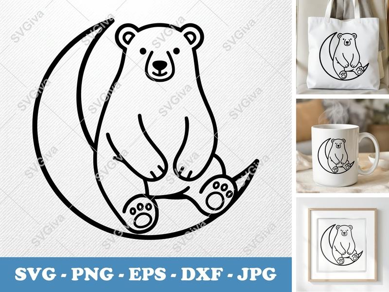 Polar Bear SVG, Modern Outline Moon Bear, Cute Animal PNG EPS DXF for Cricut & Silhouette, Digital Cut File Design