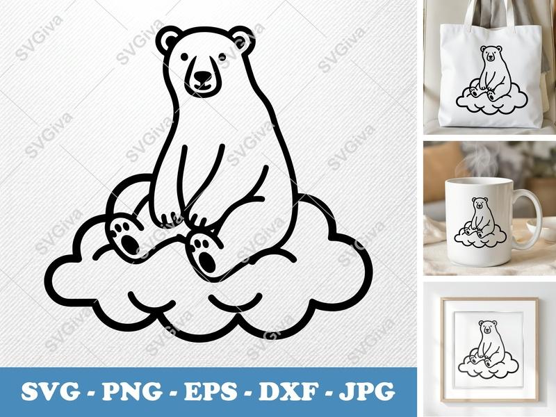 Polar Bear SVG, Modern sitting on cloud design, EPS DXF PNG files for Cricut Silhouette, Animal Clipart Cut File