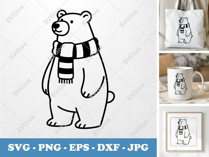 Polar Bear SVG, Scarf Clipart, Modern Winter Animal Cut File, PNG EPS DXF | Cricut Silhouette Design, Christmas Vector