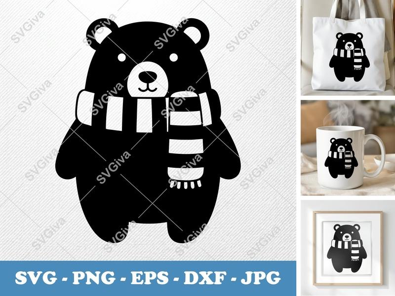 Polar Bear SVG, Scarf Clipart, Winter Animal Cut File, Cute Bear Vector, PNG EPS DXF for Cricut Silhouette