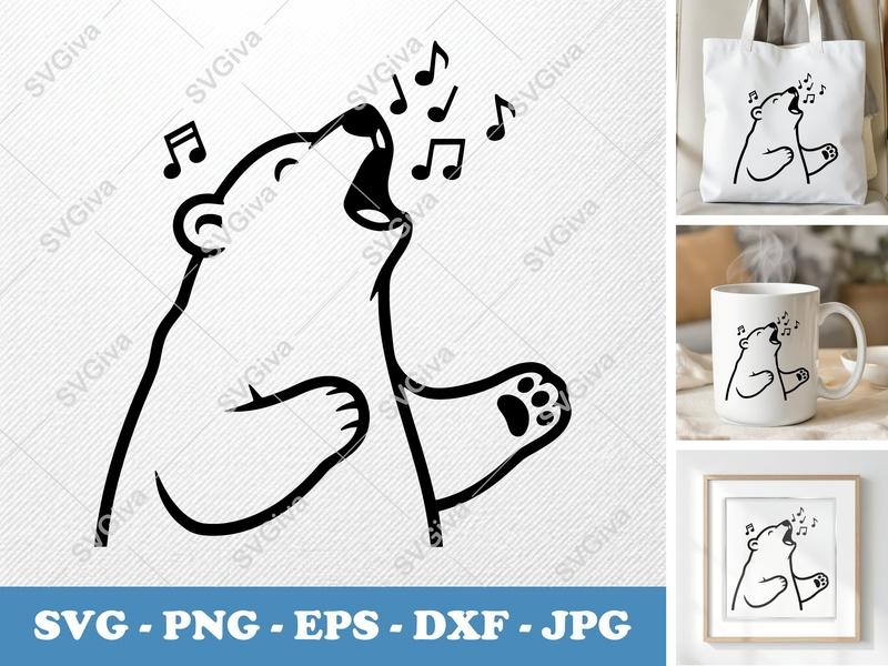 Polar Bear SVG Singing, Music Notes Clipart, Cute Animal Cut File, PNG EPS DXF for Cricut Silhouette
