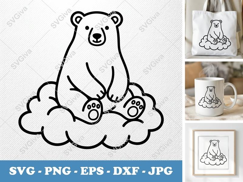 Polar Bear SVG, Sitting on Cloud, Modern Cute Design | PNG EPS DXF for Cricut & Silhouette, Digital Download Cut File