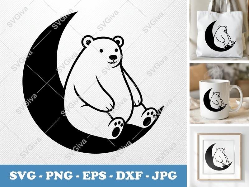 Polar Bear SVG Sitting on Moon | Puffy, Soft Shapes | Cricut, Silhouette Cut File | PNG DXF EPS Vector Clipart