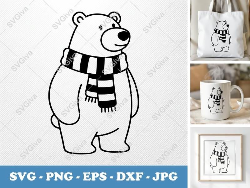 Polar bear wearing a scarf SVG | Friendly Rounded Body Bean-Shaped Forms | PNG DXF EPS | Cricut Silhouette File