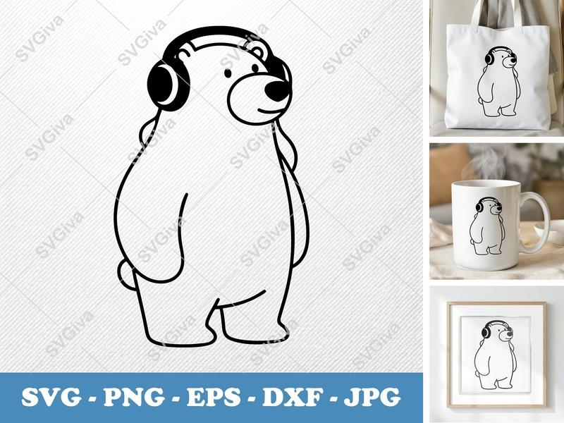 Polar Bear Wearing Headphones SVG | Friendly Bean-Shaped Cut File | PNG DXF EPS for Cricut & Silhouette