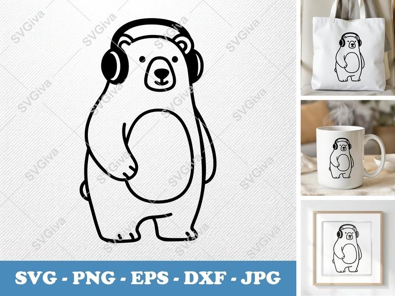 Polar Bear Wearing Headphones SVG PNG DXF EPS | Animal Cut File Cricut Silhouette Vector