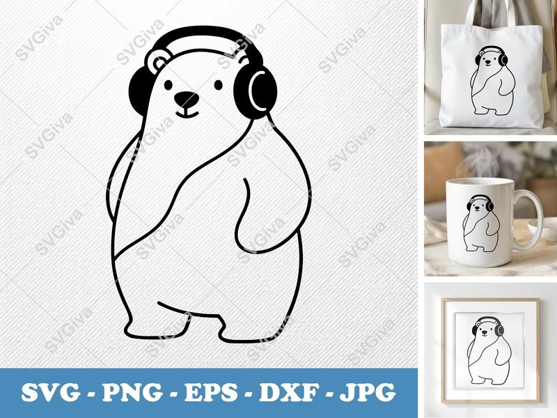 Polar bear wearing headphones SVG | Puffy Cartoon Style Cut File | Inflated Pillow Art | PNG DXF EPS | Cricut Silhouette
