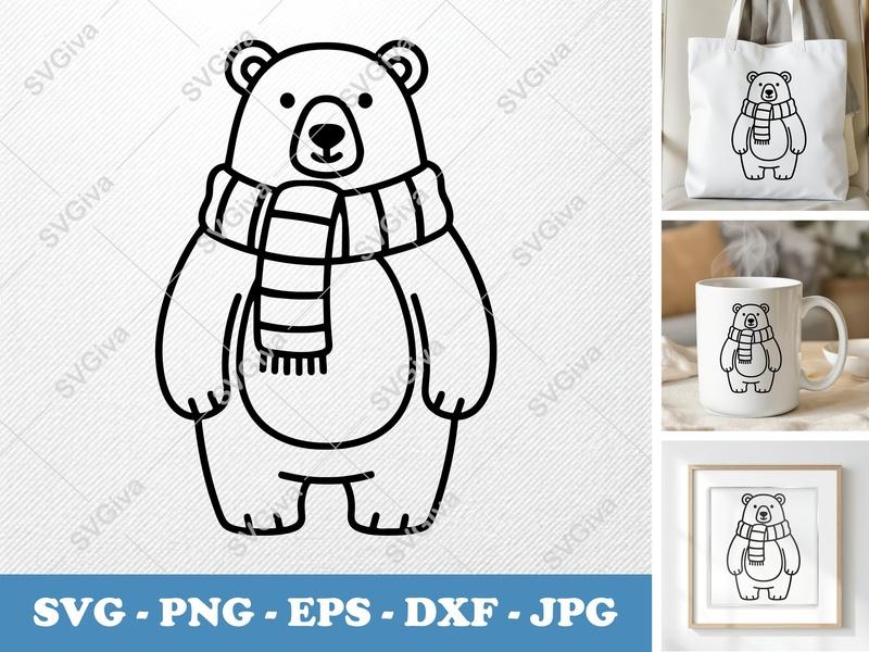 Polar Bear Wearing Scarf SVG PNG DXF EPS | Winter Animal Cut File for Cricut Silhouette