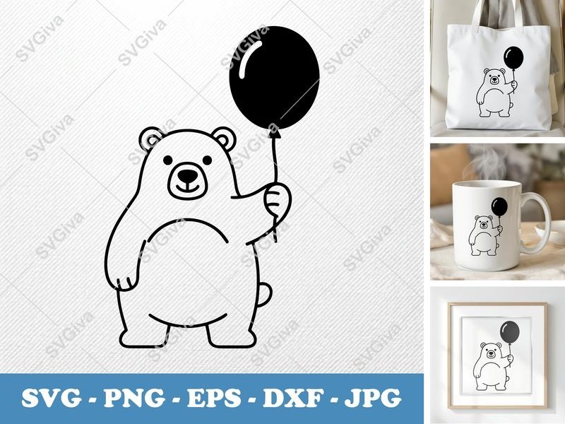 Polar Bear with Balloon SVG | Rounded Friendly Bean-Shaped Cut File | PNG DXF EPS | Cricut Silhouette Vector Art