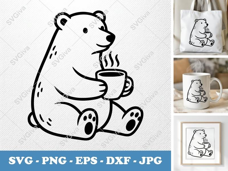 Polar bear with coffee cup SVG | Bold Contour, Simple Character | PNG DXF EPS | Cricut Silhouette Cut File