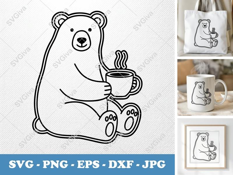 Polar bear with coffee cup SVG | Double-outline Minimalist Design | PNG DXF EPS | Cricut Silhouette File