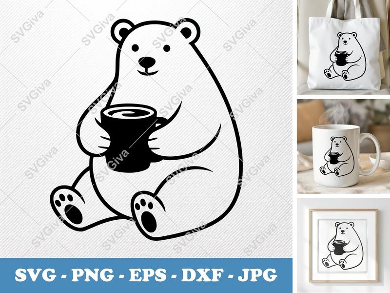 Polar Bear with Coffee Cup SVG | Puffy Pillow Soft | PNG DXF EPS | Cricut Silhouette Cut File