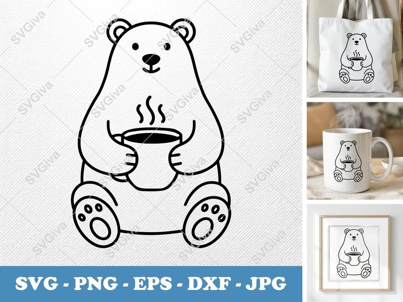 Polar Bear with Coffee Cup SVG | Rounded, Friendly Bean-Shaped Cut File | Cricut Silhouette | PNG DXF EPS