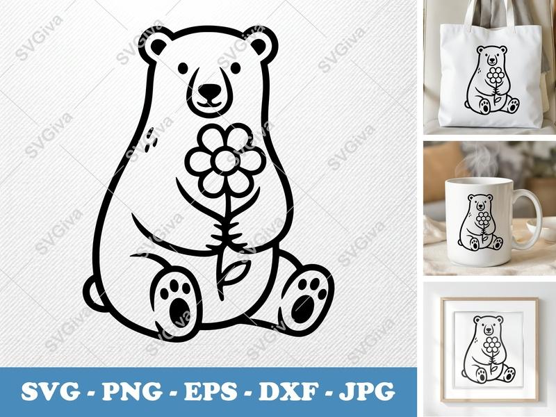 Polar Bear with Flower SVG | Bold Contour, Simple Character | PNG DXF EPS | Cricut Silhouette Cut File