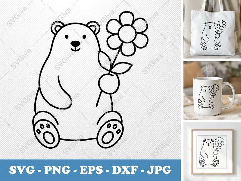 Polar Bear with Flower SVG | Friendly Rounded Body | Bean-Shaped Forms | PNG DXF EPS | Cricut Silhouette File