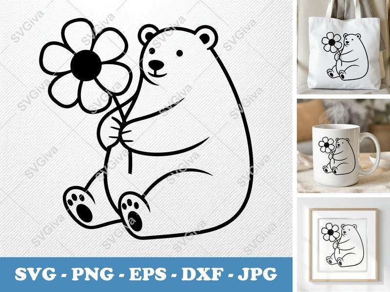 Polar Bear with Flower SVG | Puffy Soft Shapes | Inflated Pillow-Soft Design | PNG DXF EPS | Cricut Silhouette File