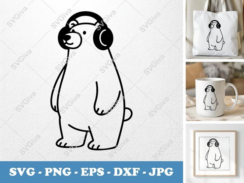 Polar Bear with Headphones SVG | Modern Outline, Music Bear PNG EPS DXF | Cricut Silhouette Cut File