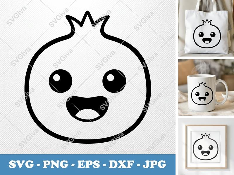 Pomegranate Kawaii SVG, Cute Fruit PNG EPS DXF | Cricut, Silhouette Cut File | Simple Happy Face Design Vector
