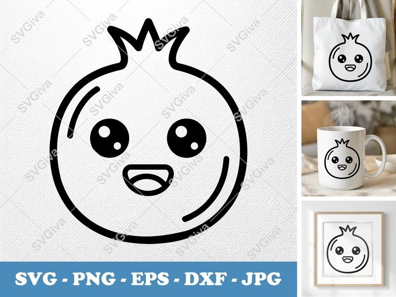 Pomegranate Kawaii SVG, Cute Fruit PNG, EPS, DXF Cut File for Cricut, Silhouette, Outline Clipart, Modern Design