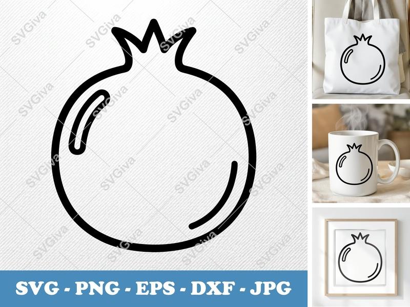 Pomegranate SVG Line Art, Simple Fruit Outline PNG EPS DXF | Modern Food Clipart for Cricut, Silhouette